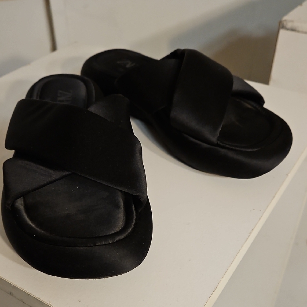 Zara Black Satin Slide Sandals